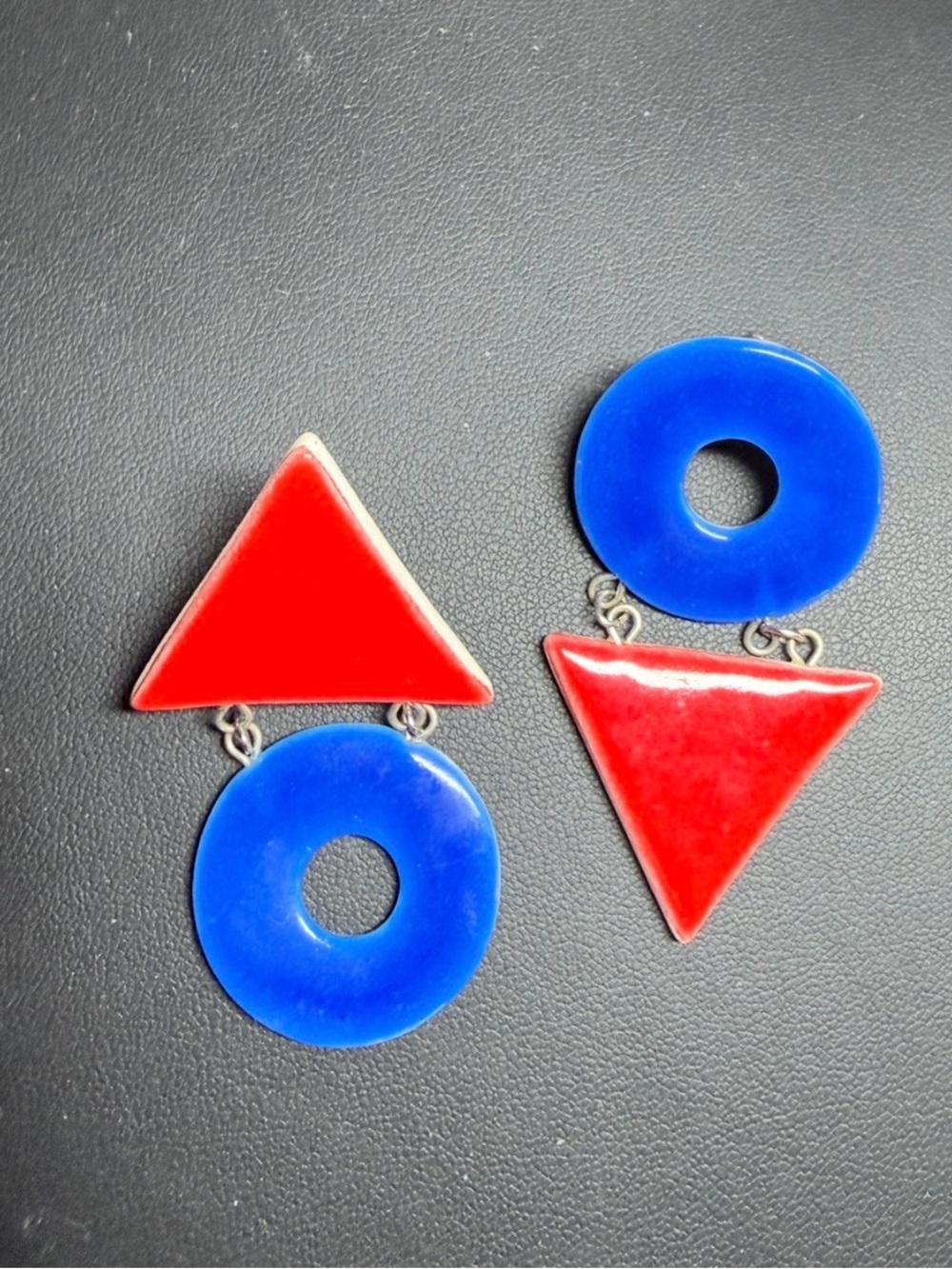 Vintage 80s Sculptural Geometric Red Blue ceramic Stud Drop Earring